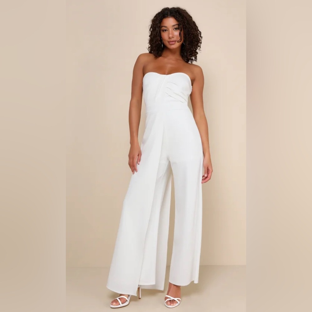 Lulus Angelic Elegance White Pleated Strapless Overlay Jumpsuit XS